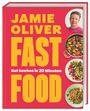 "JAMIE OLIVER FAST FOOD", "Gut kochen in 20 Minuten". Drei bunte Essensfotos und ein Porträtfoto auf rotem Hintergrund.
