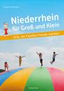 "Niederrhein für Groß und Klein. Orte, die Familien Freude machen." Oben Kinder auf buntem Hüpfkissen, blauer Himmel.