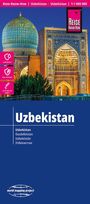 Titel: "Uzbekistan". Unten Begriffe in verschiedenen Sprachen. Oben islamische Architektur mit einer großen blauen Kuppel.