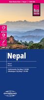 Oben: "Reise Know-How | Nepal | 1:500 000". Groß: "Nepal". Hinweis auf Stadtpläne. Landschaft mit Bergen im Hintergrund.