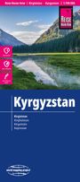 Kyrgyzstan Karte, wasserfest, reißfest, beschreibbar. Landschaft mit See, Hügeln und Bäumen. Logo oben rechts.