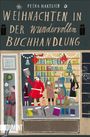 "Weihnachten in der wundervollen Buchhandlung" von Petra Hartlieb. Illustration: Menschen in einer festlich dekorierten Buchhandlung.