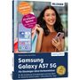 "BILDNER, Samsung Galaxy A57 5G. Anleitung, 10 Spicker. Frau mit Handy, Einkaufstaschen, fröhlich. Smartphone-Display sichtbar."