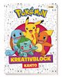 "Pokémon Kreativblock Kanto". Illustration von Pikachu, Schiggy, Bisasam und Glumanda vor einem Muster aus Pokémon-Skizzen.