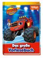 "Das große Vorlesebuch", Logo mit rotem Monstertruck und fröhlicher Figur. Hintergrund: Blaue und rote Farben. 
