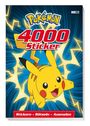 Logo. Texte: "Pokémon", "4000 Sticker", "Stickern – Rätseln – Ausmalen". Pikachu auf blauem Hintergrund mit gelben Blitzen.