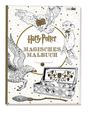 "Harry Potter Magisches Malbuch" steht in der Mitte. Illustration mit Eule, Hauself, Greif, Koffer und Besen auf sternenbesetztem Hintergrund.