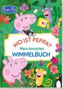 „WO IST PEPPA? Mein tierisches WIMMELBUCH“ steht auf einem bunten, verspielten Buchcover mit Tieren und Peppa-Wutz-Figuren.