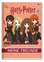 "Harry Potter" oben, "MEINE FREUNDE" unten. Illustration von vier Figuren in Schuluniformen mit Zauberstäben.