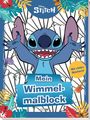 „Mein Wimmelmalblock“ und „Mit vielen Stickern!“ auf tropischem Hintergrund mit Stitch, einem blauen außerirdischen Charakter.