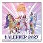 "Unicorn Academy", "KALENDER 2027". Illustration von Einhörnern mit bunten Mähnen und Reiterinnen vor einem strahlenden Hintergrund.
