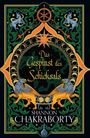 "Das Gespinst des Schicksals" und "Shannon Chakraborty" in kunstvoller Schrift. Fantasievolle Illustrationen mit Fabelwesen.