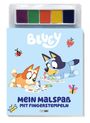 "Mein Malspaß mit Fingerstempeln", zwei Cartoon-Hunde malen. Helle Farben, Marienkäfer, Schmetterling und Biene sind sichtbar.