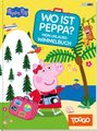 "WO IST PEPPA? MEIN URLAUBS-WIMMELBUCH" steht auf einem Koffer. Peppa Wutz mit Kamera, Koffer, Bäumen und Tieren.
