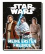 „Star Wars: Meine Ersten Freunde“ in großen Buchstaben, mit drei zentralen Charakteren in futuristischer Kleidung.