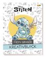 "Disney Stitch", "Mein großer Kreativblock". Illustration von Stitch mit Kuscheltier, Hintergrund voller kleiner Kritzeleien.