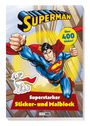 „Superman“ steht oben groß. „Über 400 Sticker!“ steht in einem gelben Kreis. Illustration von Superman und einem Hund.