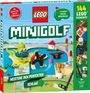 LEGO Minigolf-Set, 9 Bahnen, 144 Elemente, mit Spielfigur und Golfschläger. Verpackung zeigt eine Minigolf-Szene.
