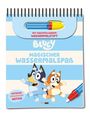 „Mit nachfüllbarem Wassermalstift. Bluey Magischer Wassermalspaß. Entdecke verborgene Motive.“  
Illustration: Zwei fröhliche Hunde.