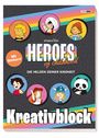 Text: "Mit Stickern! Heroes of childhood. Die Helden deiner Kindheit. Kreativblock." Bunte Illustrationen von Kinderhelden.