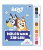 Der Text zeigt "BLUEY", "MALEN NACH ZAHLEN", "MIT FARBPALETTE UND PINSEL". Zwei Cartoon-Hunde und Farbpalette.