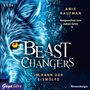 „5 CDs, AMIE KAUFMAN, Gesprochen von Julian Greis, BEAST CHANGERS, IM BANN DER EISWÖLFE“; blaues Wolfsgesicht.