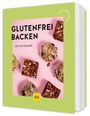 "GLUTENFREI BACKEN, süß und herzhaft." Kochbuch mit grünem Rahmen, gebackene Leckereien auf rosa Hintergrund.