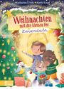 "Weihnachten mit der kleinen Fee Lavendula." Illustration: Eine Fee und Tiere feiern vor einem Weihnachtsbaum.