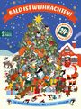 "Bald ist Weihnachten!" steht oben auf einem roten Band. Ein Tannenbaum mit Tieren, Geschenken und einem Haus mit Schneedecke im Hintergrund.