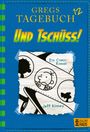 "Gregs Tagebuch 12: Und tschüss! Baumhaus. Jeff Kinney." Cartoon-Figuren auf einer Insel mit Haiflossen im Wasser.