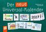 "Der neue Universal-Kalender" steht auf grüner Tafel. Illustrationen von Tagen, Monaten, Jahreszeiten und Temperaturen.