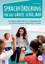 Text: "SPRACHFÖRDERUNG FÜR DAS GANZE SCHULJAHR." Eine Lehrerin mit Kindern in einem Kreis, sie spielen oder kommunizieren enthusiastisch.