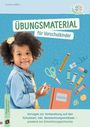 "Übungsmaterial für Vorschulkinder", fröhliches Kind mit Buntstiften, Schere und Notizbuch auf blauem Hintergrund.