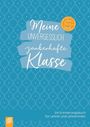 "Meine unvergesslich zauberhafte Klasse" in verspielter Schrift auf blauem Hintergrund mit weißen Punkten und orangefarbenem Kreis.