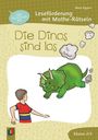 „Leseförderung mit Mathe-Rätseln: Die Dinos sind los“ steht auf einem Grafikcover mit Kind und Dinosaurier.