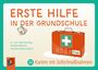 "ERSTE HILFE IN DER GRUNDSCHULE"
Illustration: Ein roter Erste-Hilfe-Kasten mit Kreuz und Kinderzeichnungen.