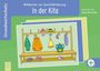 Texte: "Bildkarten zur Sprachförderung", "In der Kita", "Grundwortschatz". Illustration einer Garderobe mit Kinderkleidung.