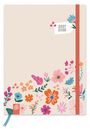 "2027 2028" auf einem Etikett mit floralen Mustern in Rosa, Orange und Blau, mit rotem Band an der Seite.