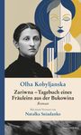 Olha Kobylianska, Zariwna – Tagebuch eines Fräuleins aus der Bukowina. Schwarz-Weiß-Foto einer Frau neben einer Grafik.