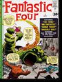 "Fantastic Four", Sprechblasen mit Dialogen zwischen Helden im Kampf gegen ein grünes Monster in einer Stadtumgebung.