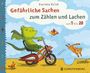 „Gefährliche Sachen zum Zählen und Lachen von 1 bis 20“ steht auf einer Illustration mit einem Drachen auf einem Fahrrad.