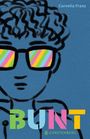 Text: "Cornelia Franz", "BUNT", "Gerstenberg". Illustration: Person mit bunter Brille auf blauem Hintergrund.