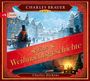"Charles Brauer liest Eine Weihnachtsgeschichte. Charles Dickens." Winterliches Stadtbild, Mann im Zylinder im Vordergrund.