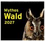 "Mythos Wald 2027" in gelben Buchstaben auf schwarzem Hintergrund. Eule mit orangefarbenen Augen rechts.