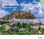 Die Texte: "Die Welt in Bildern", "Leserkalender 2028". Hügel mit weißen Häusern und Burgruine, blauer Himmel.