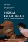 Buchtitel „ORIGINALS UND KULTOBJEKTE“ auf blauem Hintergrund, mit abstraktem Kunstwerk unten.