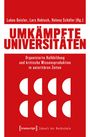Ein Buchcover mit roten, fett gedruckten Texten: "UMKÄMPFTE UNIVERSITÄTEN". Unten geometrische Formen und das Logo "transcript".