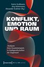 Titel: "Konflikt, Emotion und Raum". Autoren: Katrin Großmann, Jörg Hüttermann, Alexander Krahmer. Abstrakte Linien in Rot und Blau.