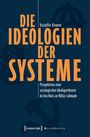 „Die Ideologien der Systeme“ von Kristoffer Klement. Blaue Grafik mit Symbolen für Anarchie, Dollar und Hammer/Sichel.
