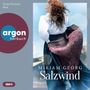 Tanja Fornaro liest "Miriam Georg Salzwind". Frau mit wehendem Rock steht im Wind; argon hörbuch Logo.
